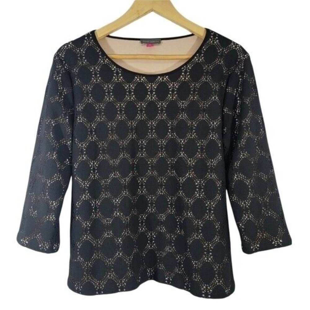 Vince Camuto Lace Lined Blouse Black Lace Beige Heavy Liner‎ Party Medium EUC